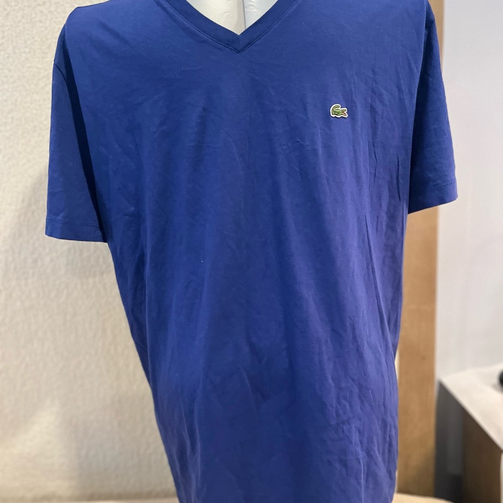 Lacoste Men's V-Neck Tee in Blue with Green Crocodile Logo